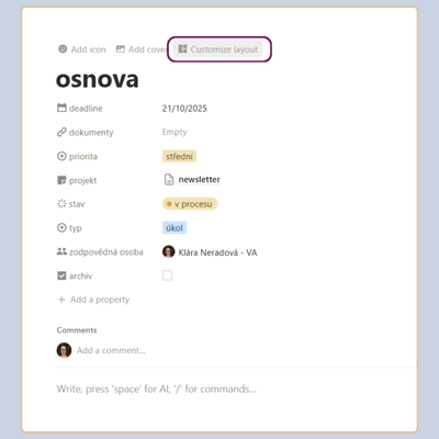 jak přizpůsobit stránku v Notion databázi.