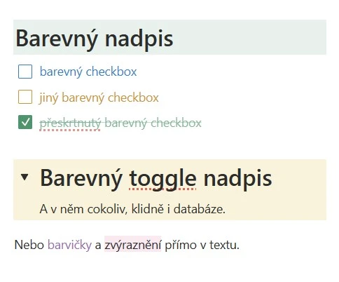 Příklady použití barev v Notion
